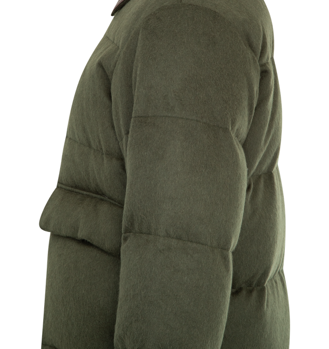 Image 3 of 4 - GREEN - AURALEE Baby Camel Flannel Down Blouson featuring concealed zipper closure with snap buttons, contrast collar, flap pockets on front with snap button closure, adjustable hem with drawstring and relaxed fit. 100% baby camel flannel.