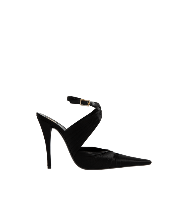 Image 1 of 4 - BLACK - SAINT LAURENT Doville Calypso Pump featuring an exaggerated pointed toe, covered stiletto heel and crisscrossed ankle strap with gold buckle. Leather sole. 110MM heel. Made in Italy.