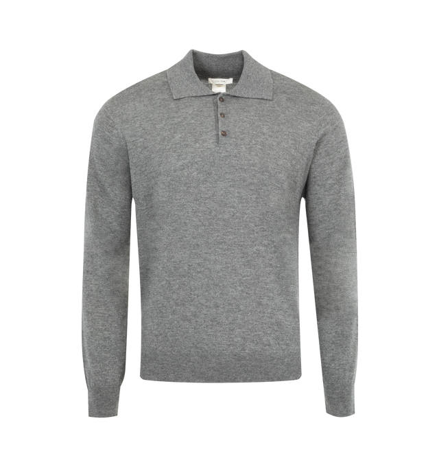 Image 1 of 2 - GREY - THE ROW Judi Sweater featuring long-sleeved polo sweater in ultrafine cashmere knit with ribbed cuffs and hem, horn button closure, and signature center back detail. 100% cashmere. Made in Italy.