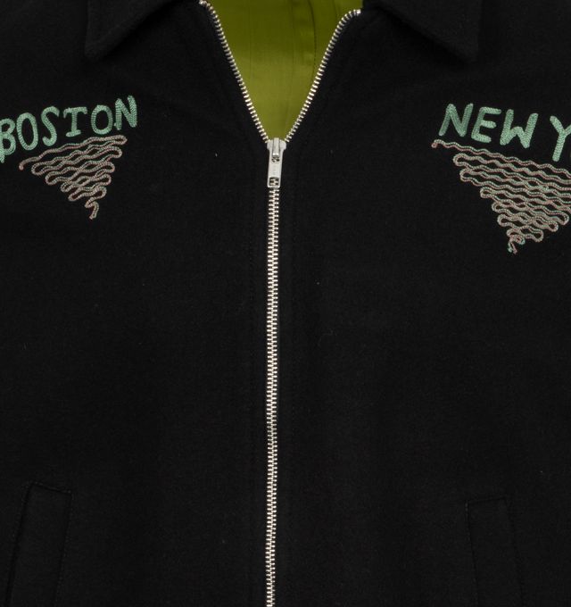Image 3 of 4 - BLACK - BODE Embroidered Lighthouse Jacket featuring a chain-stitched "New York" and "Boston" on the front and an embroidered lighthouse on the back, zip front closure, boxy fit and collar. 100% wool. Made in India. 
