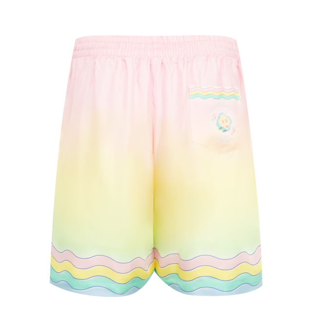 Image 2 of 3 - MULTI - CASABLANCA For The Love Of Dance Silk Shorts featuring elastic waist, front drawstring details, side pockets, back patch pocket with logo and straight hem. 100% silk. Made in Italy.