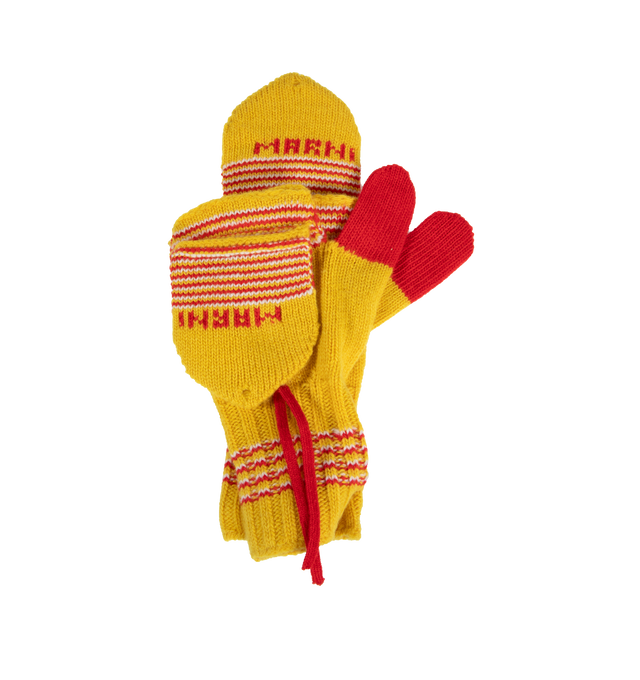 Image 3 of 3 - YELLOW - MARNI Stripped Wool Mittens featuring knitted construction, horizontal stripe pattern, detachable mittens, embroidered logo and ribbed cuffs. 100% virgin wool. 