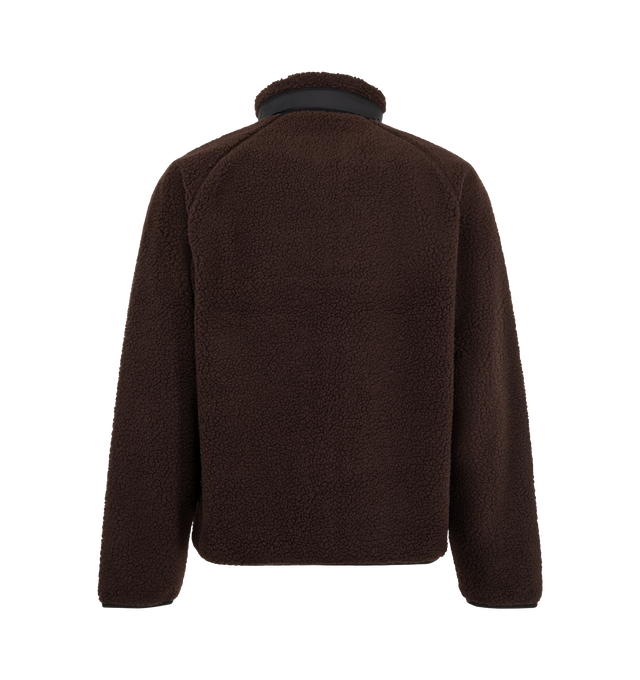 Image 2 of 3 - BROWN - Carhartt WIP Men's Prentis Liner Jacket is crafted from heavyweight polyester fleece and features a mock neck, contrast trim, embroidered logo detailing, and a front zip closure. Designed with a lined interior and zip front pockets, this relaxed silhouette combines warmth and functionality in a workwear-inspired design. Main Material: 100% Polyester. Trim: 100% Nylon. Lining: Lined. Collar: Mock Neck. Closure: Front Zip. Pockets: Front Zip Pockets. Details: Contrast Trim, Embroidered