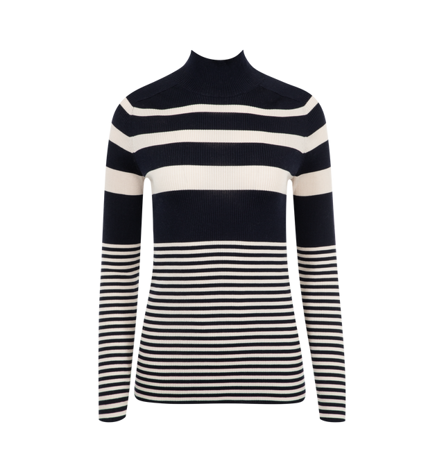 Image 1 of 2 - BLACK - Moncler Women's lightweight knit turtleneck sweater crafted from luxurious Merino wool featuring graphic black and white stripes and Moncler logo patch. 100% Virgin wool.