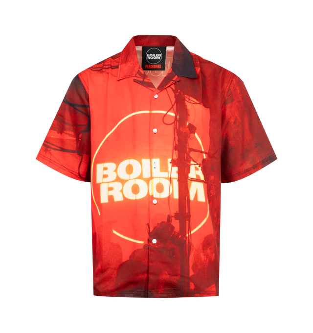 Image 1 of 2 - RED - PLEASURES Venue Button Up Shirt featuring camp collar, short sleeve, button front closure and print throughout. 100% polyester.