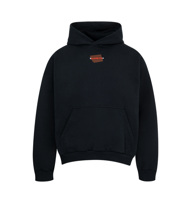 Image 1 of 2 - BLACK - BALENCIAGA Taped Balenciaga Back Hoodie featuring dry jersey, hood without drawstring, dropped shoulders, 1 kangaroo pocket on front, gathered at cuffs and waistline and taped Balenciaga Back artwork at front and back. 100% cotton. Made in Portugal.