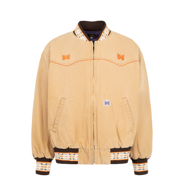 Image 1 of 3 - NEUTRAL - Needles Men's Loose B.B. Jacket is crafted from sulfur-dyed duck canvas and features a relaxed, oversized silhouette inspired by classic sportswear and workwear styles. Main Material: 100% Cotton. Made in Japan.