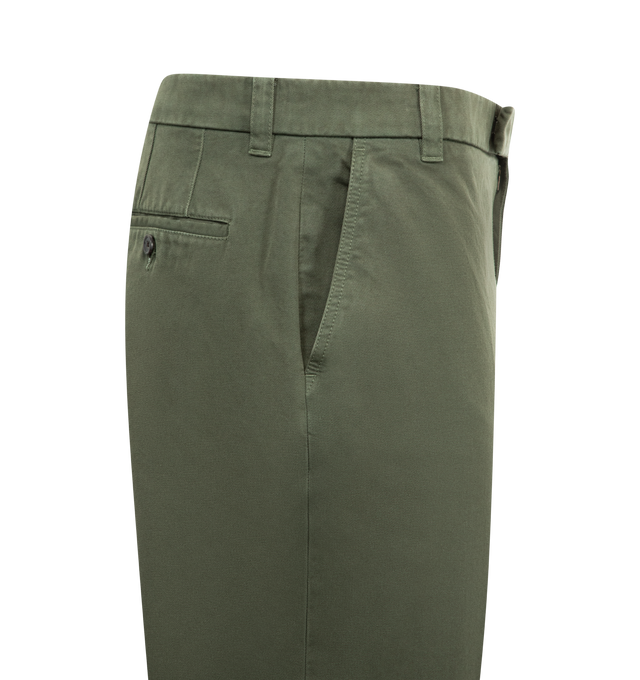 Image 3 of 3 - GREEN - THOM BROWNE Utility Trouser with a shortened hem crafted from breathable cotton fabric. Featuring tab front closure, button-fastening back welt pockets and signature striped grosgrain loop tab. 100% Cotton. Made in Italy.