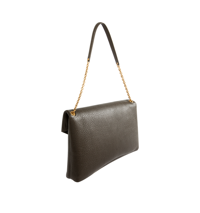 Image 2 of 3 - GREEN - SAINT LAURENT XXL Envelope Pouch on Chain featuring extra large chain pouch in supple lambskin, decorated with the CASSANDRE, a stowable cable-chain strap, leather lining, bronze-tone hardware, snap-button closure and one zip pocket. 13.8" x 8.7" x 1.21.7". Lambskin. Made in Italy.