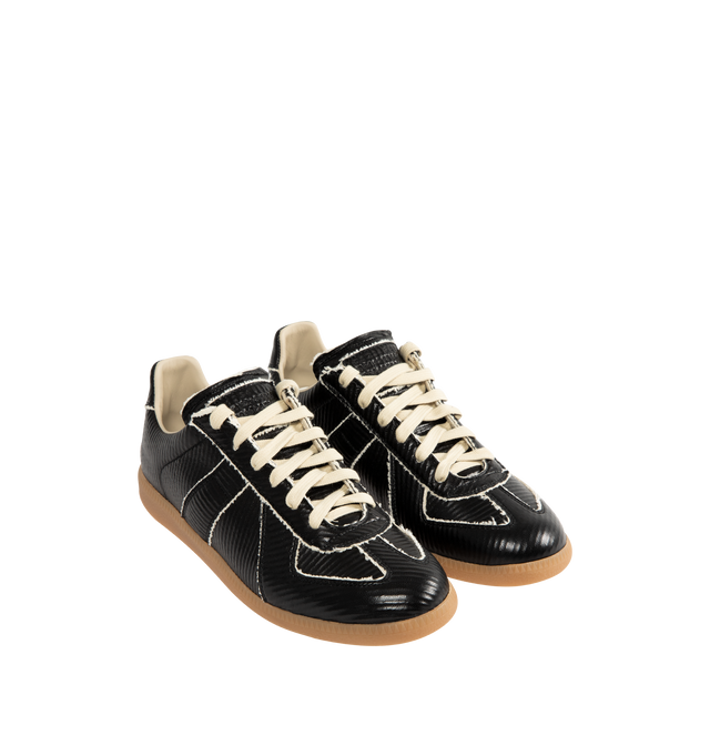 Image 2 of 5 - BLACK - MAISON MARGIELA Replica Sneakers featuring low-top sneakers in cracked leather, panel detailing, lace-up front, textured gum sole and white stitching at the back. Upper: 100% Ovine Leather. Lining: 100% Cotton. Sole: 100% Rubber. Made in Italy.