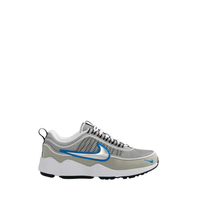 Image 1 of 5 - SILVER - Nike Air Zoom Spiridon SP Sneakers are a lace-up style with reflective piping, mesh uppers, Zoom Air cushioning, metallic overlays, signature branding details, contoured footbeds, and rubber outsoles.