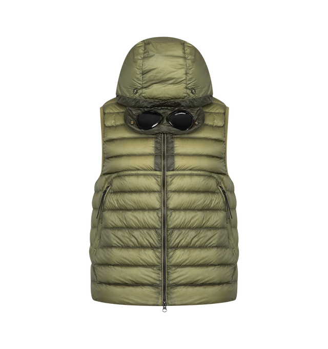Image 1 of 3 - GREEN - C.P. COMPANY D.D. Shell Goggle Down Gilet featuring adjustable Goggle hood, two-way full zip fastening, side zip pockets, adjustable drawstring hem and regular fit. 100% polyamide/nylon.