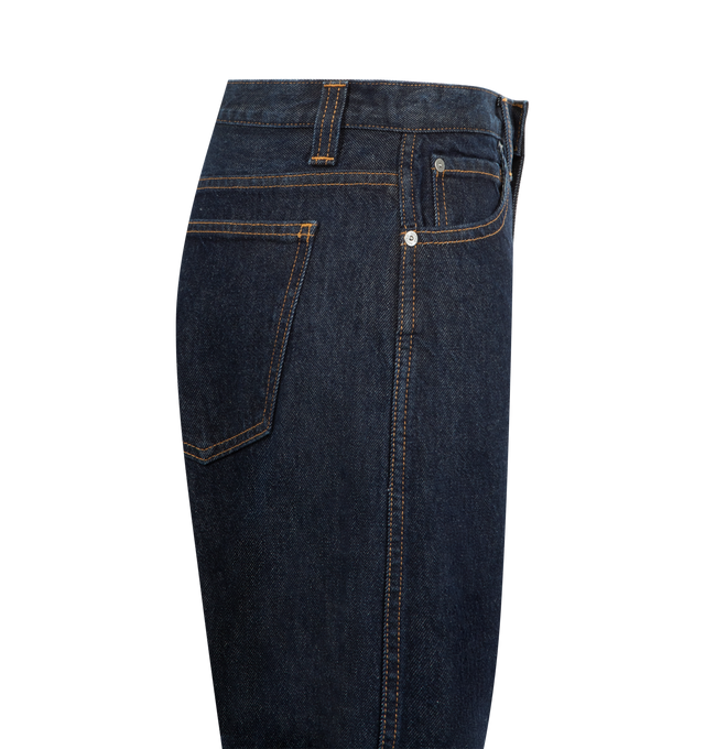 Image 3 of 3 - BLUE - KHAITE Karo Jean featuring a cuffed, low-rise style, designed to sit low on the hip, curved seams that create a bowed silhouette and embossed button of antiqued nickel. 100% cotton.
