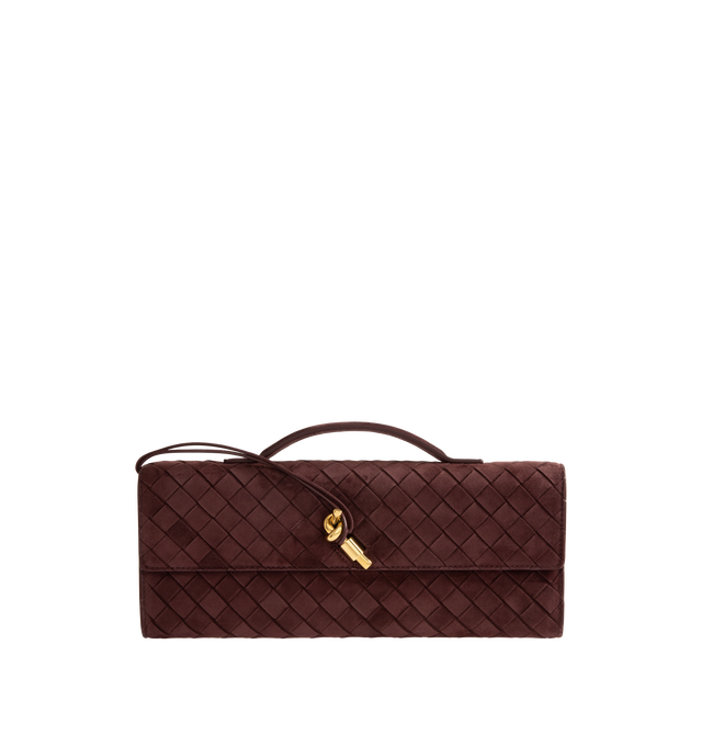 Image 1 of 3 - RED - Bottega Veneta Andiamo Clutch featuring top handle clutch in intrecciato suede with metal knot closure, six card slots and one additional pocket. Calfskin. Made in Italy.