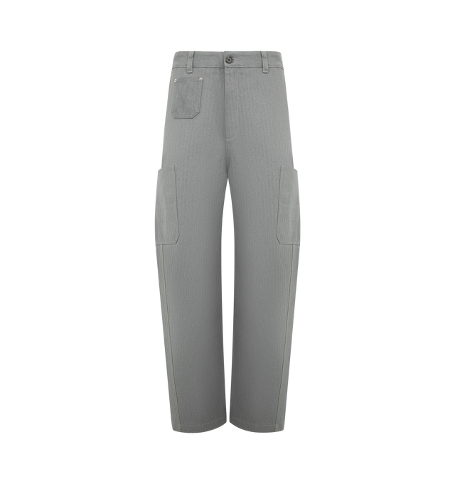 Image 1 of 3 - GREY - GIVENCHY Couture Seam Trousers featuring cargo trousers in herringbone denim, button and zipped closure, contrasting GIVENCHY Paris signature embroidered on the back, three front pockets, two side pockets, two back pockets and Couture seams for a rounded proportion. 100% cotton.