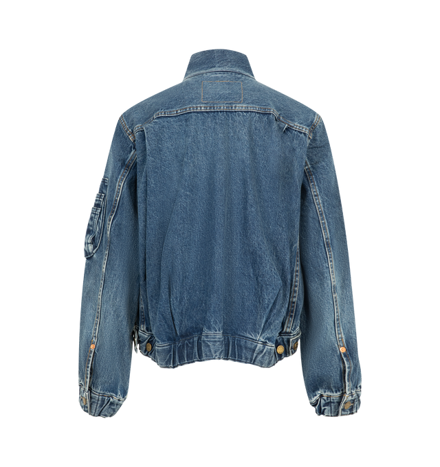 Image 2 of 4 - BLUE - Sacai X Levi's Women's Denim Jacket are crafted from a medium wash cotton denim featuring a deconstructed denim design with a central zipper and utility pocket details on the sleeve. Main Material: 100% Cotton. Made in Japan.
