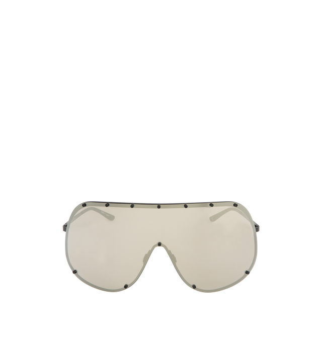 Image 1 of 3 - SILVER - RICK OWENS Shield Frame Sunglasses featuring rimless shield sunglasses, stud detail around lens, adjustable nose pads and capped earpieces. 100% UVA/UVB protection. Made in Japan.