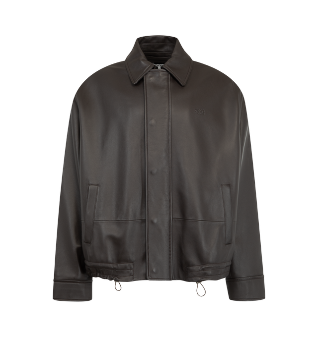 Image 1 of 4 - BROWN - Loewe Men's Drawstring Leather Jacket is crafted from lightweight nappa lambskin and features an adjustable drawstring hem. Designed with a relaxed fit and regular length, it is finished with a classic collar, concealed snap-button and zip-front fastening, snap-button cuffs, buttoned welt pockets, inside welt pockets, and a debossed Double L detail at the chest. Main Material: Nappa lambskin. Fully lined. Made in Spain.
