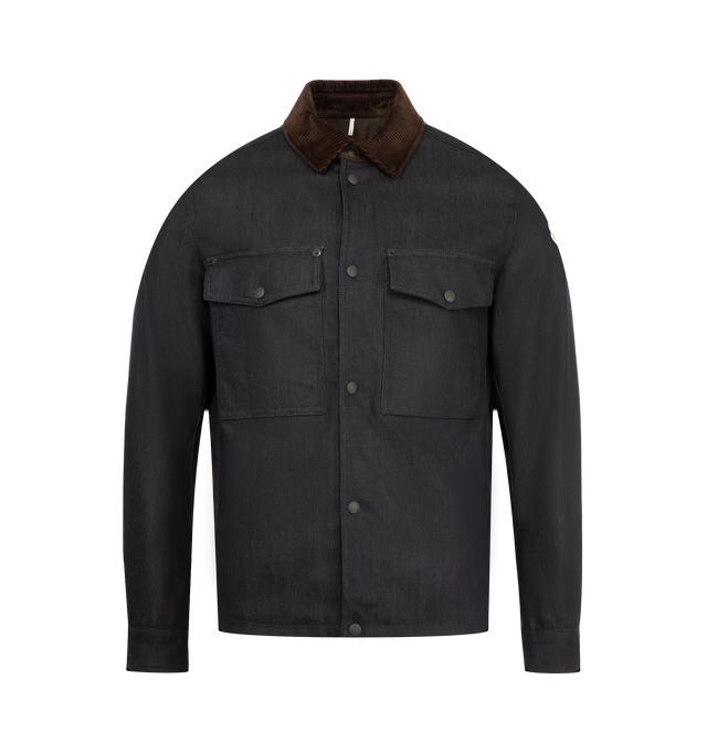Image 1 of 5 - BLUE - MONCLER Denim Corduroy-Trimmed Shirt Jacket featuring comfort denim, rainwear lining, corduroy collar, long sleeves, zipper and snap button closure, chest pocket with snap button and zipper closure and adjustable cuffs. 75% cotton, 24% polyester, 1% elastane/spandex. Lining: 100% polyamide/nylon. 100% cotton.