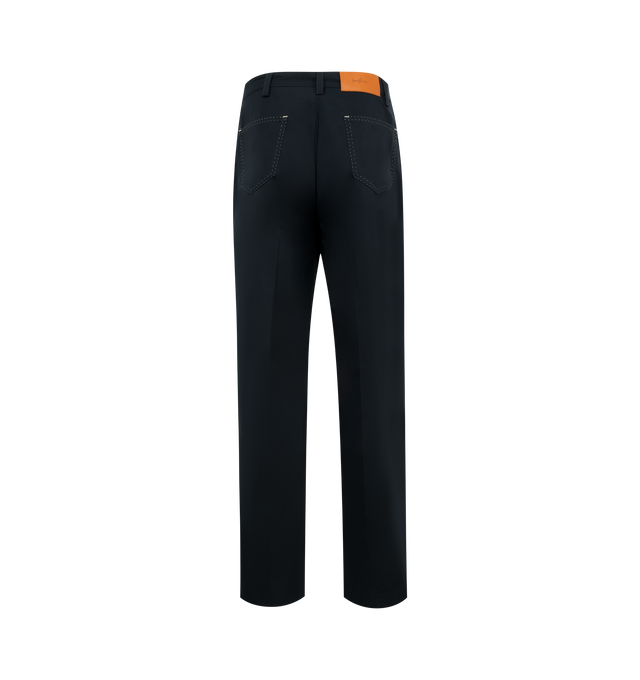 Image 2 of 3 - NAVY - SECOND LAYER Angel Pants featuring a straight-leg silhouette embroidered with a metallic web design on the left thigh, side welt pockets, back patch pockets, zip fly and button closure. 100% polyester.