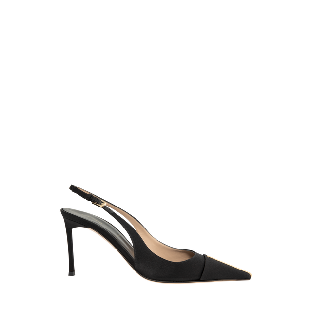 Image 1 of 4 - BLACK - Tom Ford Womens Thea Slingback Pumps are crafted from satin with Swarovski crystal embellishments. Feature a pointed toe with signature pale gold-tone T metal detail, adjustable slingback strap, stiletto heel, and leather sole. Heel Height: 8.5 cm. Main Material: 68% Viscose, 32% Silk; Embellishment: Swarovski Crystals; Sole: Leather. Made in Italy.