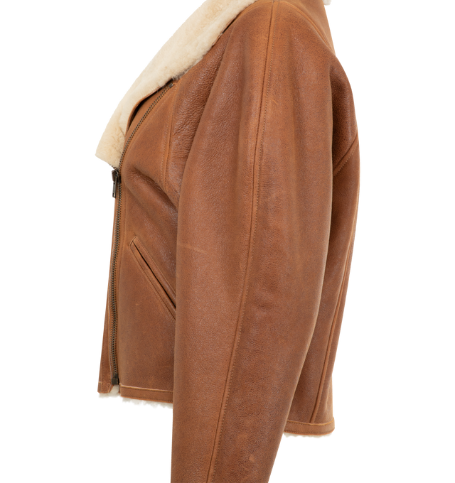 Image 3 of 3 - BROWN - ISABEL MARANT Blondine Jacket featuring a high neck, asymmetrical closure with visible metal zipper, long sleeves, welt side pockets and a short design. 100% lambskin.