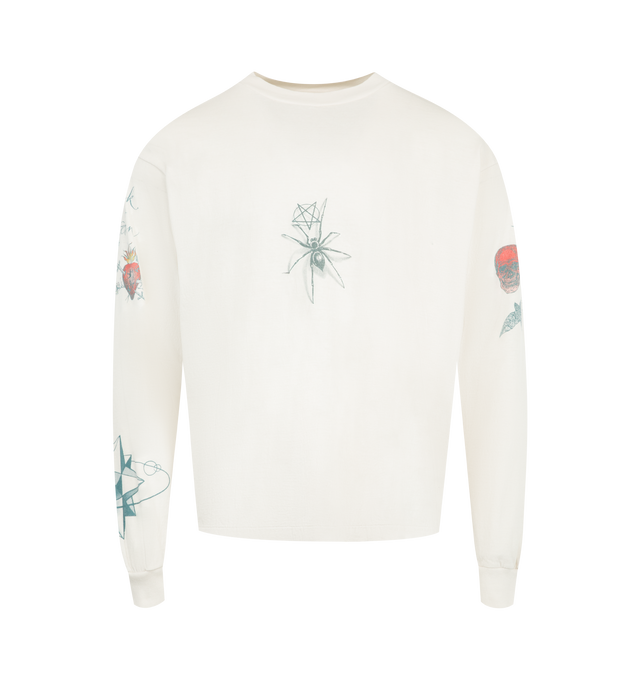Image 1 of 4 - WHITE - SAINT MICHAEL DW Tattoo Tee featuring regular fit, crewneck, dropped shoulders, long sleeves, straight hem and graphic print. 100% cotton.