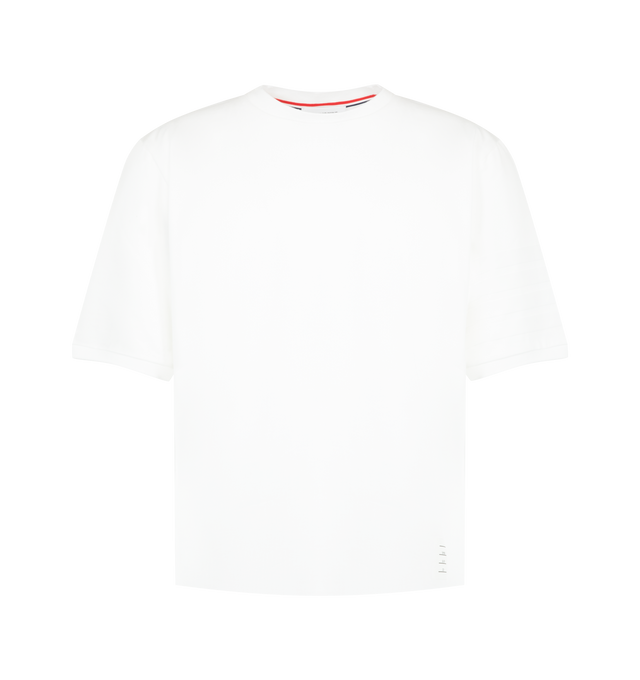 Image 1 of 3 - WHITE - Thom Browne Mens Jersey Ottoman 4-Bar T-Shirt is crafted from cotton jersey and features a rib-knit crew neckline, tonal ottoman-stitch 4-bar detailing at the sleeve, rib-knit cuffs, side vents with signature RWB grosgrain trim, a stepped hem, name tag appliqu, and the signature striped grosgrain loop tab. This designer cotton T-shirt combines a classic crewneck silhouette with iconic Thom Browne detailing for elevated everyday wear. Main Material: 100% Cotton; Combo 1: 87% Cotton, 12