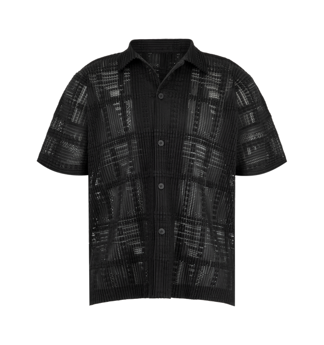 Image 1 of 2 - BLACK - Issey Miyake Men's Lace Grid Pleats Shirt is crafted from a lace-like cotton-blend polyester fabric and features an expressive pleated texture with a sheer, three-dimensional finish ideal for layered styling. Designed with an open collar, button-front closure, and side slits for ease of movement. Main Material: 75% Polyester, 25% Cotton. Collar: Open Collar. Closure: Button Front. Details: Side Slits.