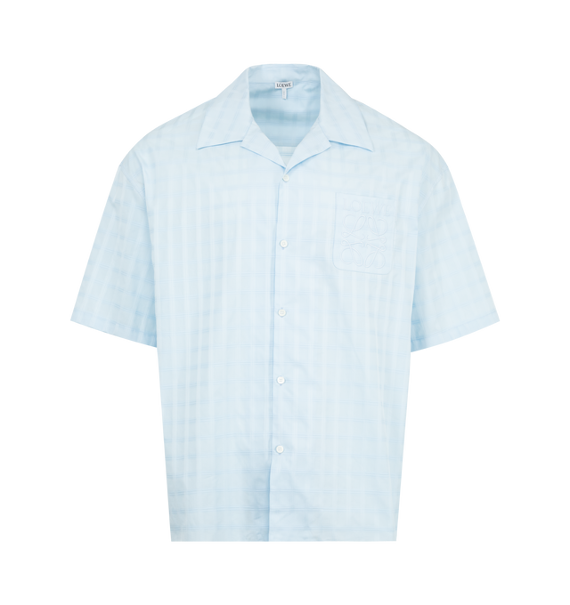 Image 1 of 2 - BLUE - LOEWE Short sleeve shirt in lightweight cotton jacquard featuring a textured check pattern, relaxed fit, regular length, camp collar, button front fastening and LOEWE Anagram embroidered patch pocket placed on the chest. Cotton. Made in Italy.