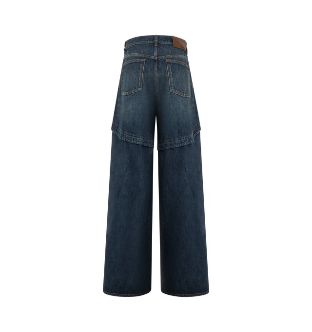 Image 2 of 3 - BLUE - Loewe Womens Washed Cotton Denim Jeans are crafted from medium-weight washed cotton denim. Features a relaxed fit, regular length, mid-rise waist, asymmetric paneled construction, concealed zip fly, slash pockets, rear patch pockets, and LOEWE embossed leather and suede patch at the back. Main Material: Cotton. Made in Italy.