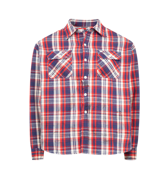 Image 1 of 2 - RED - SAINT MICHAEL Flannel Check Shirt featuring long sleeve plaid flannel shirt, vintage treatment, distressing throughout and two chest patch pockets. 100% cotton.