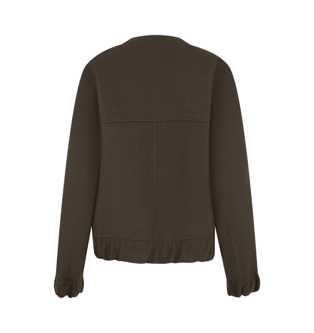 Image 3 of 4 - BROWN - Khaite Women's Cordan Jacket is crafted from double-face wool and features a cropped, relaxed bomber silhouette with signature armhole seaming, architectural topstitching, and softly rounded volume. Elasticated panels at the hem and cuffs, in-seam side pockets, and a front zip closure complete this designer wool jacket, combining exceptional craftsmanship with modern, sculptural tailoring for effortless everyday layering. Main Material: 100% Double-Face Wool.