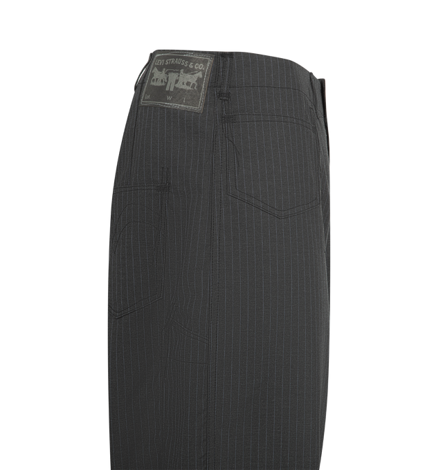 Image 3 of 3 - BLACK - JUNYA WATANABE Levi's Pinstripe Trousers featuring front button waist closure, two front pockets, wide leg, cuffed ankles, pin stripe fabric, Levi's tab label at rear pocket and leather patch at waist. 50% polyester, 50% viscose. Made in Japan.