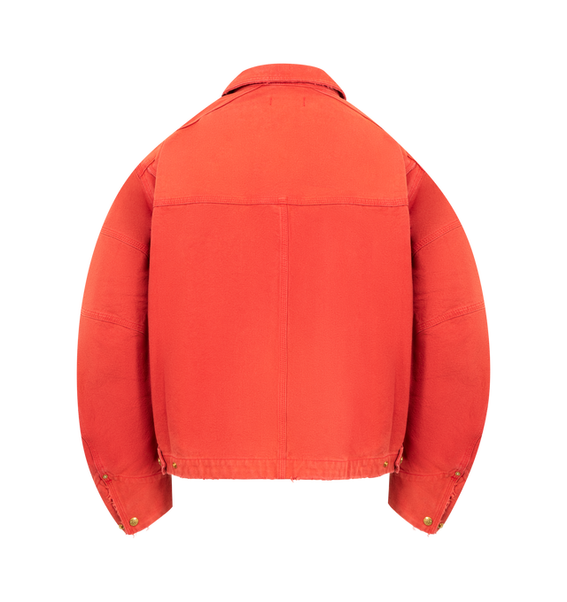 Image 2 of 3 - RED - WILLY CHAVARRIA Stockton Work Jacket featuring an oversized fit, structured design, two chest flap pockets with button closures, full zip front with a high collar and embroidered logo detail on the front. 100% cotton canvas. Made in the USA.