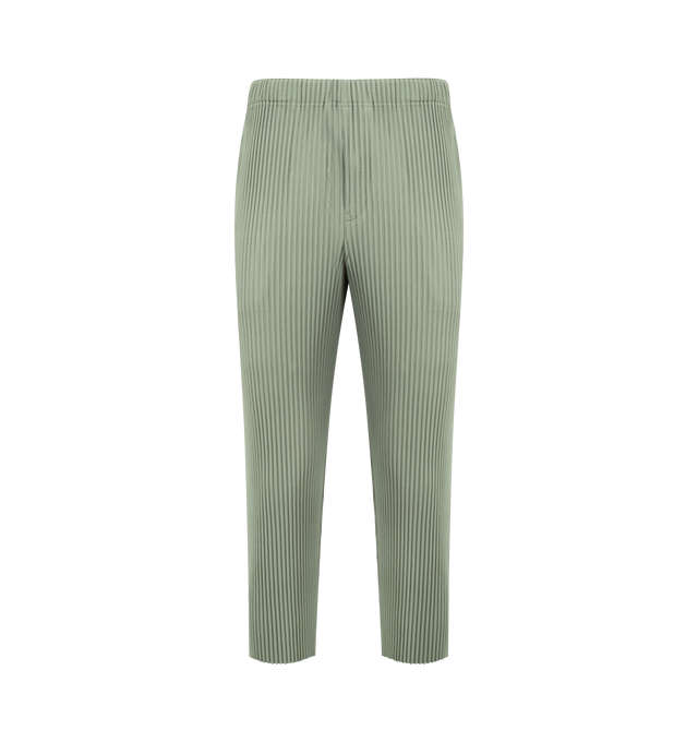 Image 1 of 3 - GREEN - ISSEY MIYAKE Pleated Pants featuring allover pleating, elasticized waist, side slip pockets, cropped fit, straight legs and pull on style. Polyester. Made in Japan.