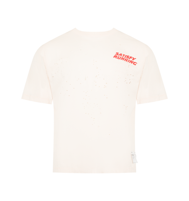 Image 1 of 3 - WHITE - SATISFY MothTech T-Shirt featuring precision perforation for mapped ventilation, stealth-reflective SATISFY logo, exterior detachable care label, short sleeves and crewneck. 100% cotton.