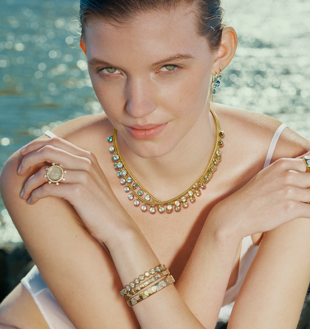 Image 3 of 3 - GOLD - Renna Jewelry Ombr Fringe Necklace hand-crafted with Tourmaline, Aquamarine and Citrine in an ombre design finished with a diamond clasp. 13.00 tcw. 16" length. Hirshleifers offers a range of pieces from this collection in-store. For personal consultation and detailed information about jewelry, please contact our dedicated stylist team at personalshopping@hirshleifers.com.