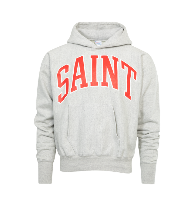 Image 1 of 2 - GREY - SAINT MICHAEL Arch Saint Hoodie featuring logo print on front, thick sweatshirt fabric, front pocket and ribbed cuffs and hem. 89% cotton, 8% polyester, 3% rayon. Made in Japan. 