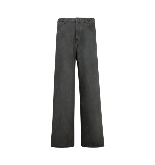 Image 1 of 3 - BLACK - Pleasures Mens Spray Formula Baggy Jeans are crafted from cotton bull denim. Feature a baggy five-pocket silhouette, sprayed detailing, enzyme-washed finish, and zip-fly with button closure. Main Material: 100% Cotton. Made in China.