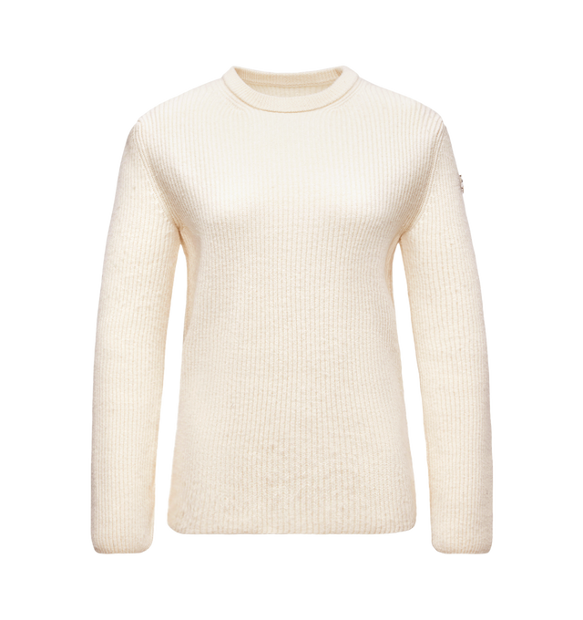 Image 1 of 1 - WHITE - MONCLER GENIUS X JIL SANDER Wool Sweater featuring felted wool, english rib knit, Gauge 5, crew neck and detachable metal logo pin. 100% virgin wool.