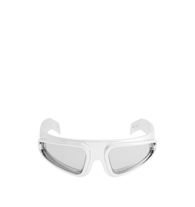 Image 1 of 3 - SILVER - RICK OWENS Ryder Sunglasses featuring wraparound frames, bold straight eyebrow ridge, deep set lenses edged with a thick protruding frame and thick angled arms with logo on inside right. 100% UV protection. Nylon. Made in Italy.