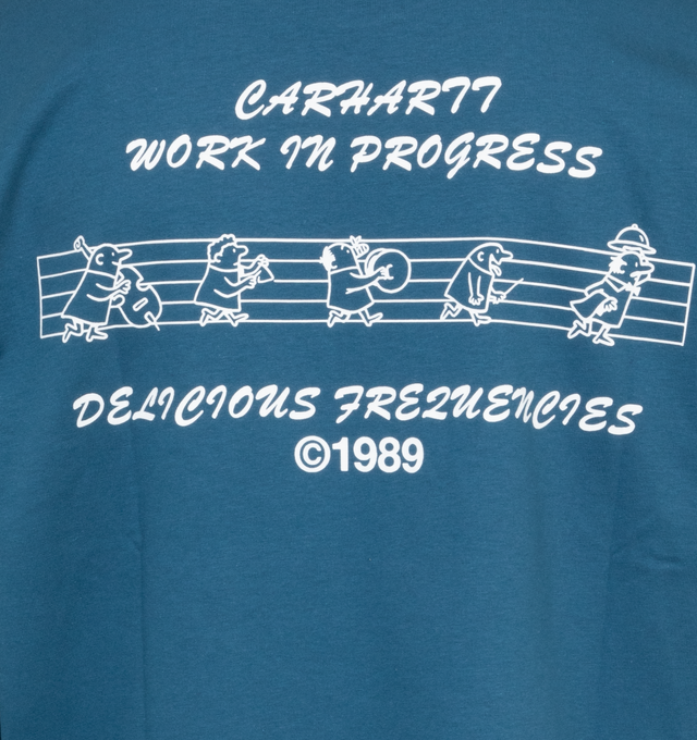 Image 4 of 4 - BLUE - CARHARTT WIP Delicious Frequencies T-Shirt featuring crewneck, long sleeves with ribbed cuffs and graphic print. 100% cotton.  