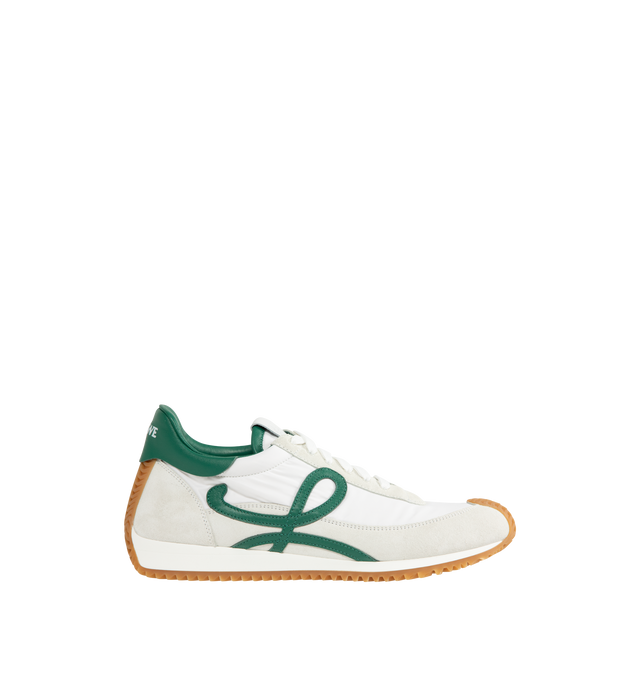 Image 1 of 5 - WHITE - LOEWE Flow Runner 2.0 in nylon and suede featuring an updated ultra-flexible and lightweight construction, signature honey-coloured rubber outsole that extends from the toecap to the back of the heel, L monogram on the side, embossed Anagram on the tongue and LOEWE on the heel tab. Nylon/suede. Made in Italy.