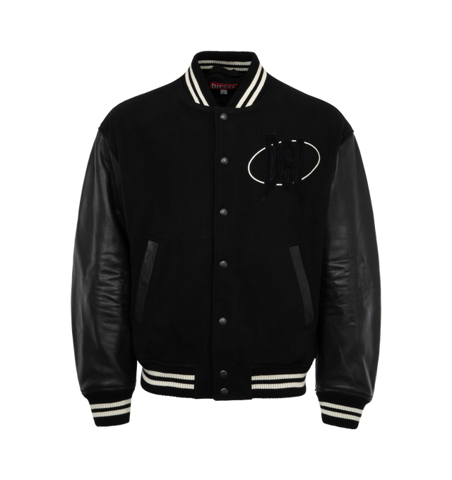 Image 1 of 2 - BLACK - DIESEL L-Franz-Patch Jacket featuring wool body with tanned calfskin sleeves, edged with striped ribbed trims, tonal varsity logo patches on the chest and back, regular fit, snap button closure, ribbed bomber collar, cuffs and hem. 83% wool, 17% polyamide/nylon. 76% acrylic, 21% wool, 3% elastane/spandex. Sleeves: 100% cowhide leather. 