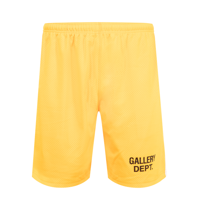 Image 1 of 3 - YELLOW - GALLERY DEPT. Venice Court Shorts featuring breathable mesh jersey with a GD ENGLISH logotype at front, balloon fit with an elasticized waistband and inner drawstring, front slip pockets, white striped piping over seams and double lining. 100% Polyester. Made in USA.