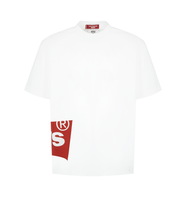 Image 1 of 3 - WHITE - JUNYA WATANABE x Levi's Logo-Print T-Shirt featuring short sleeves, crew neck and logo print on side. 100% cotton.