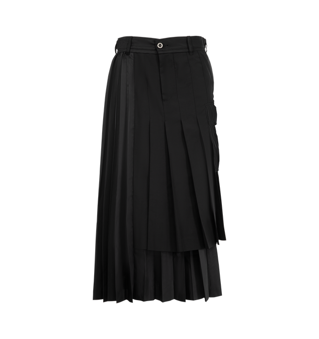 Image 1 of 3 - BLACK - Sacai Womens Suiting x Nylon Twill Skirt is crafted from a polyester and wool blend with contrasting nylon twill paneling. Features a hybrid tailored construction and mixed-media design. Main Material: 70% Polyester, 30% Wool; Contrast 1: 100% Nylon; Contrast 2: 100% Polyester; Lining: 100% Cupro; Filling: 100% Polyester. Made in Japan.