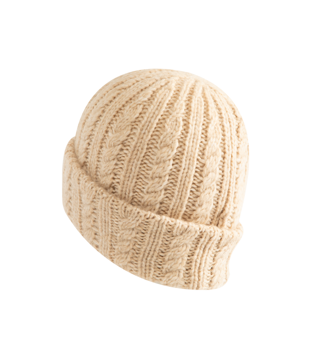 Image 2 of 2 - NEUTRAL - Moncler Women's Cable Knit Wool Blend Beanie is crafted from a wool, nylon, and alpaca blend and features a textured cable-knit construction with ribbed-knit detailing. Designed as a timeless cold-weather accessory, the beanie is finished with the signature Moncler logo patch at the front. Main Material: 43% Alpaca, 36% Polyamide, 21% Wool. Cable-Knit and Ribbed-Knit Construction. Logo Patch. Made in Italy.
