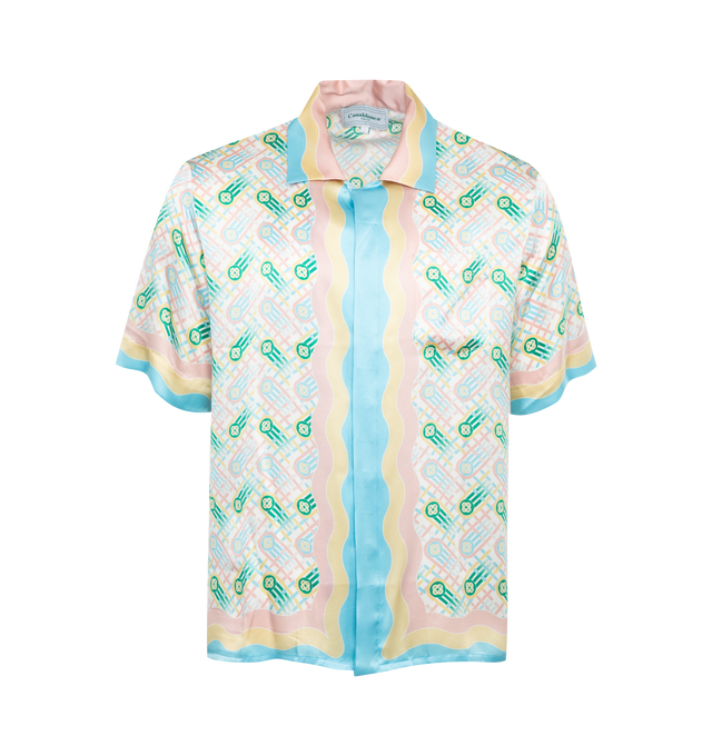 Image 1 of 3 - MULTI - CASABLANCA Cuban Collar Short Sleeve Shirt featuring wavy stripes at spread collar, hem, and cuffs, concealed button closure and logo graphic printed at patch pocket and back. 100% silk. 